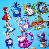 vibrant alice in wonderland plastic sticker set with 40 large PET stickers including Drink me potion, eat me cake, forest door, caterpillar on mushroom, the white rabbit, top hat, tea cups, red queen and pocket watch 