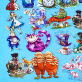 vibrant clear plastic PET stickers with an Alice in wonderland theme including illustrations of flamingo eat me cake, drink me potion, white rabbit, caterpillar on mushroom and pocket watch- uk cute and kawaii stationery gift