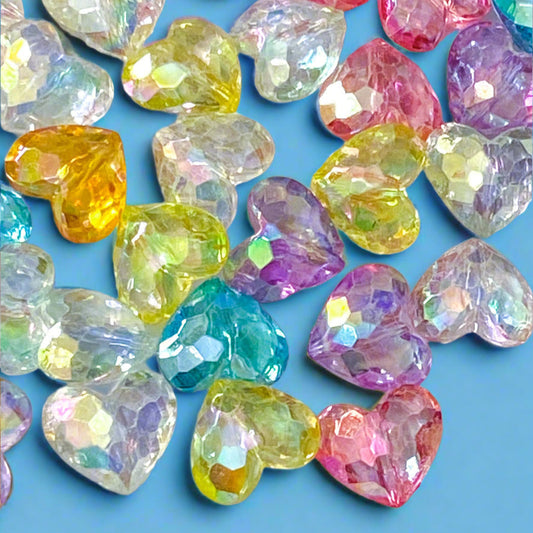 IRIDESCENT FACETED HEART Very Large Acrylic 20mmx 2 BEADS