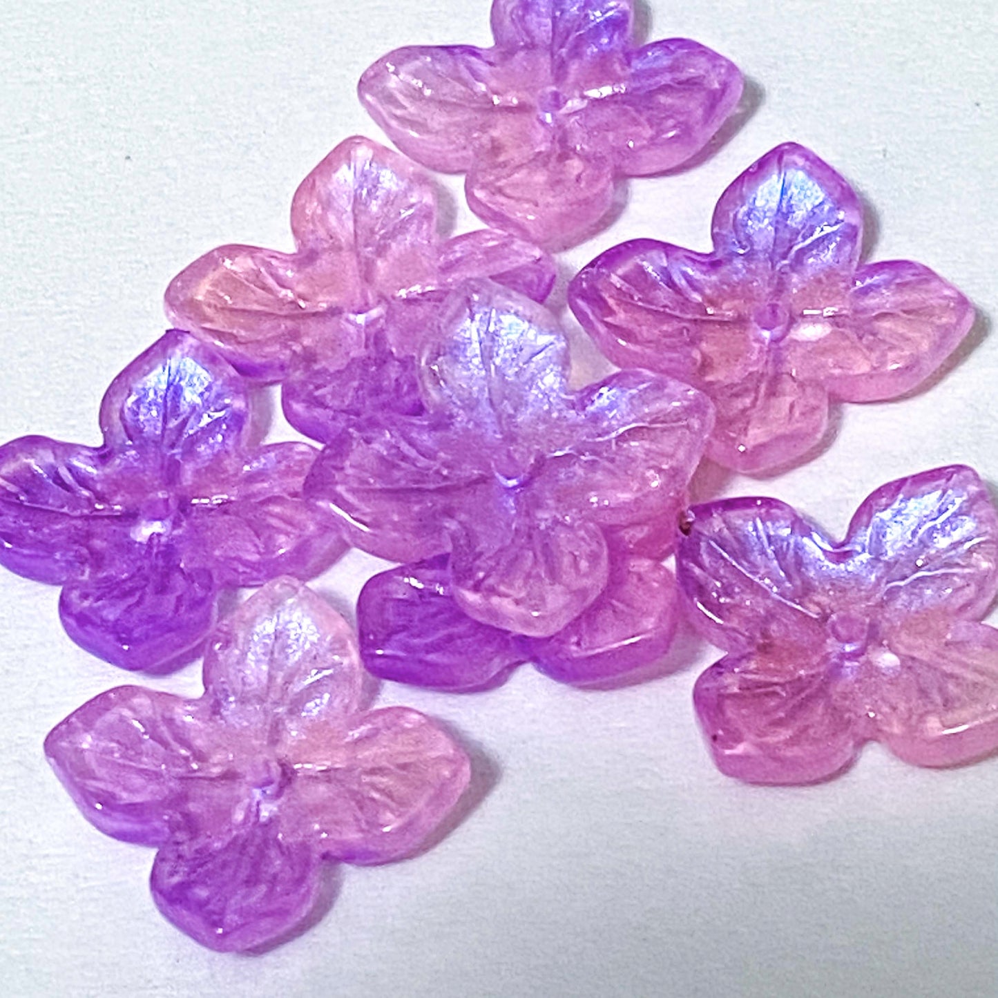 iridescent ab coated glass 4 petal petalled flower flowers bead beads uk cute kawaii colourful craft supples shop store pink lilac purple turquoise green blue shimmer 18mm jewellery making 