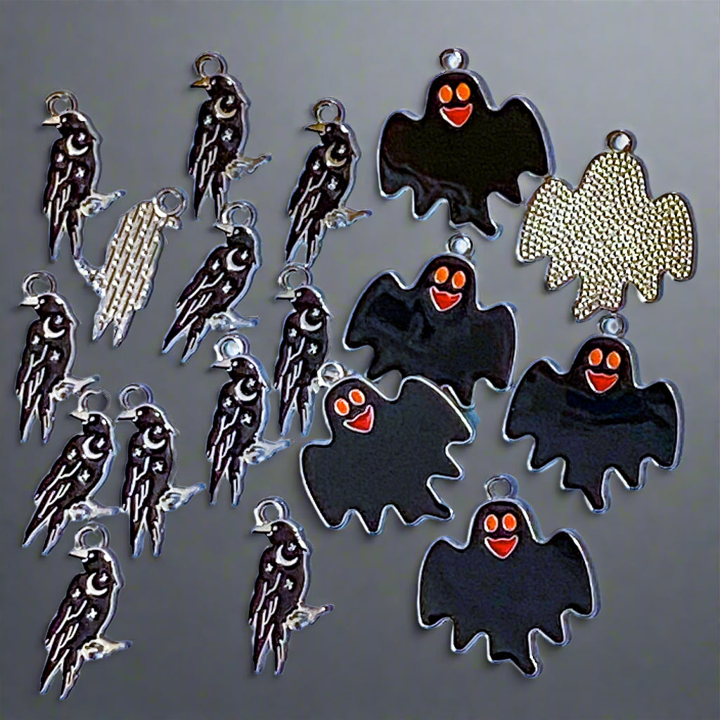 spooky halloween ghost ghosts black silver tone metal enamel enamelled charm charms pendant raven black bird birds magic magical stars crescent moon uk cute kawaii craft supplies jewellery making crow rook witchcraft