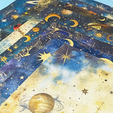 celestial scrapbook paper pack with dark blue sky night designs featuring gold stars, moons, planets and vintage astrology illustrations
