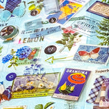 pack of 25 clear sticker sheets in blue and green theme featuring vintage butterflies, postage stamps, flowers, plants and retro packaging of products labels