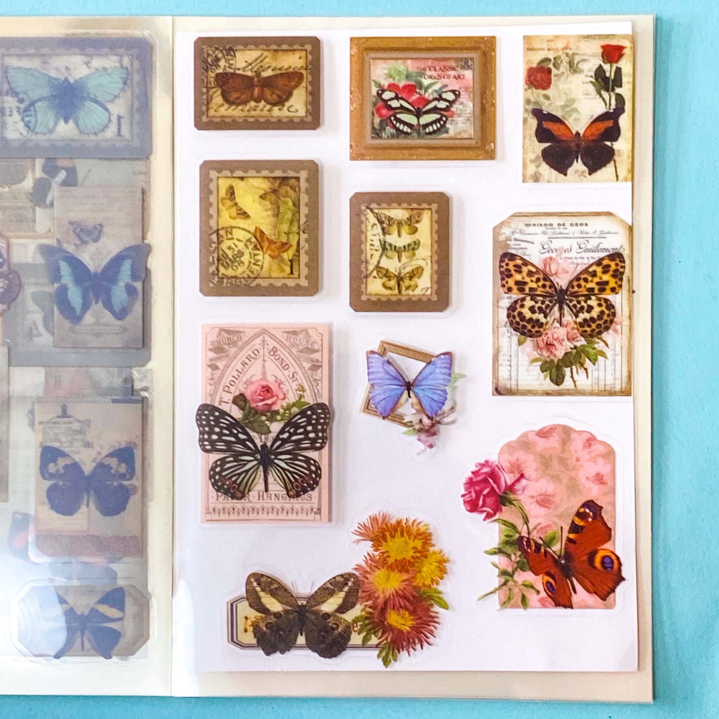 vintage butterfly botanical sticker book with 20 pages of clear ephemera stickers and antique nature illustrations, cards and labels