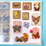 vintage butterfly botanical sticker book with 20 pages of clear ephemera stickers and antique nature illustrations, cards and labels