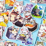 kawaii cat adventure laptop stickers pack with 50 colourful cute cartoon cat stickers on a blue background