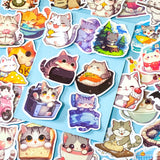 kawaii cat adventure laptop stickers pack with 50 colourful cute cartoon cat stickers on a blue background