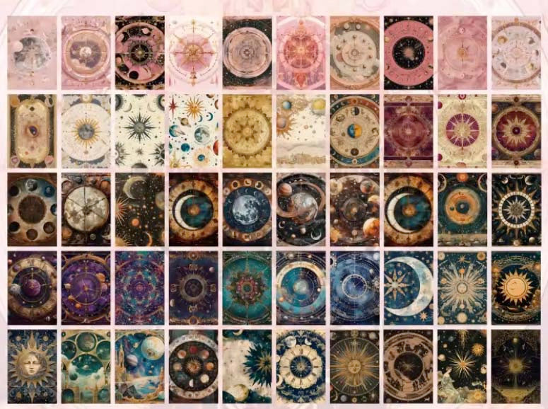 mini zodiac vellum and scrapbooking paper book with 100 vintage astrology charts, sun motifs and celestial wheels in soft pink tones