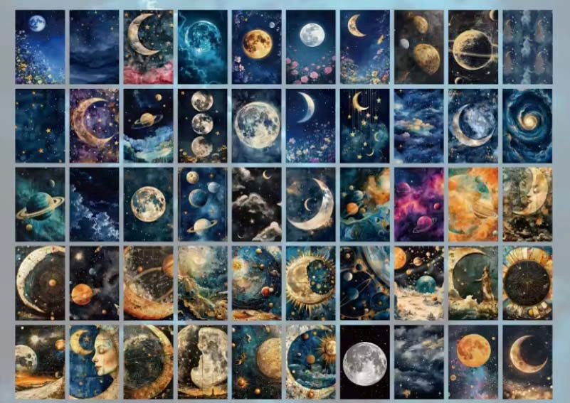 mini zodiac sticker book of 100 pages of paper and vellum with vintage moon phases, planets and galaxy designs in deep tones
