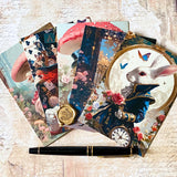 fanned image of postcards set of 5 alice in wonderland themed with the white rabbit, mad hatter and mushrooms