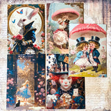 set of 5 alice in wonderland postcards including the white rabbit, mad hatter and vintage garden scenes with mushrooms