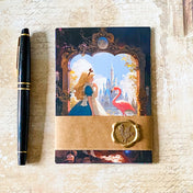 alice in wonderland postcard set of 5 wrapped in kraft belly band with wax seal sticker featuring flamingo and castle fairytale scene