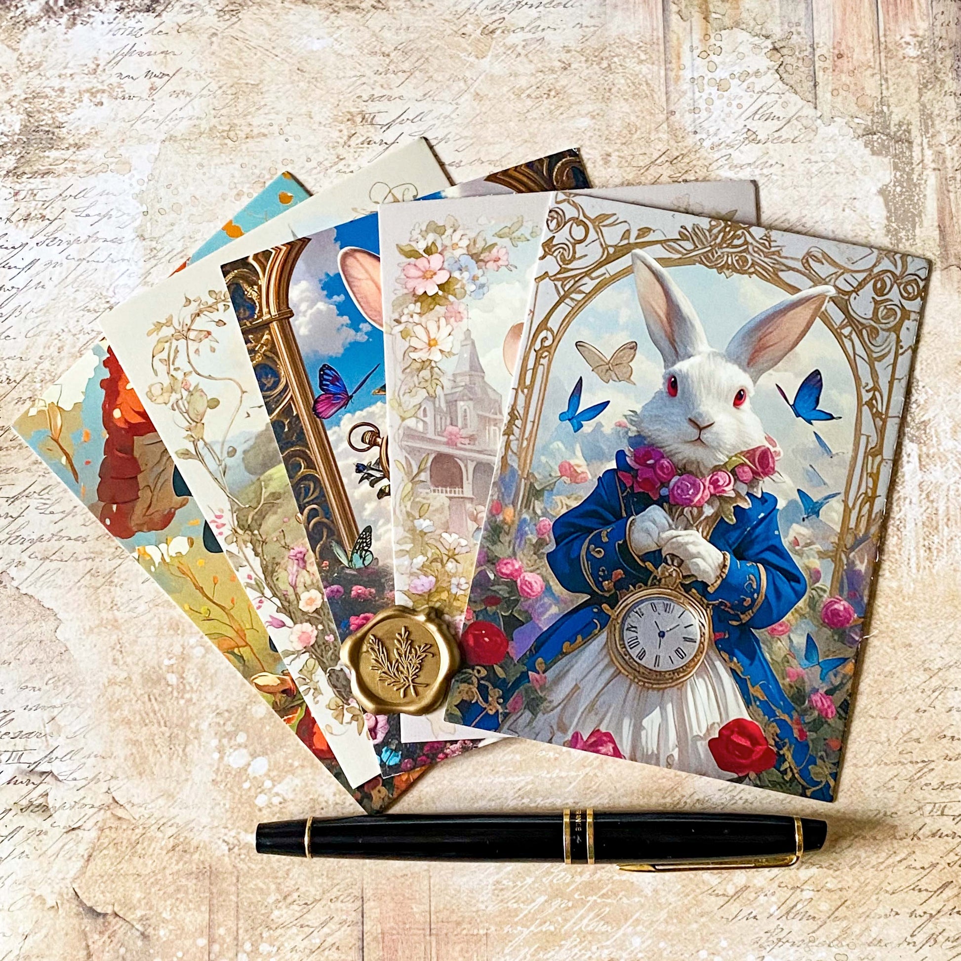 fanned alice in wonderland postcards showing rabbit, floral mouse and storybook characters