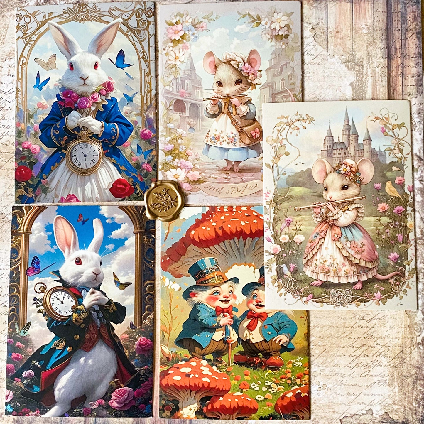 set of five alice in wonderland postcards featuring rabbit, floral mouse and storybook gnome characters under a mushroom