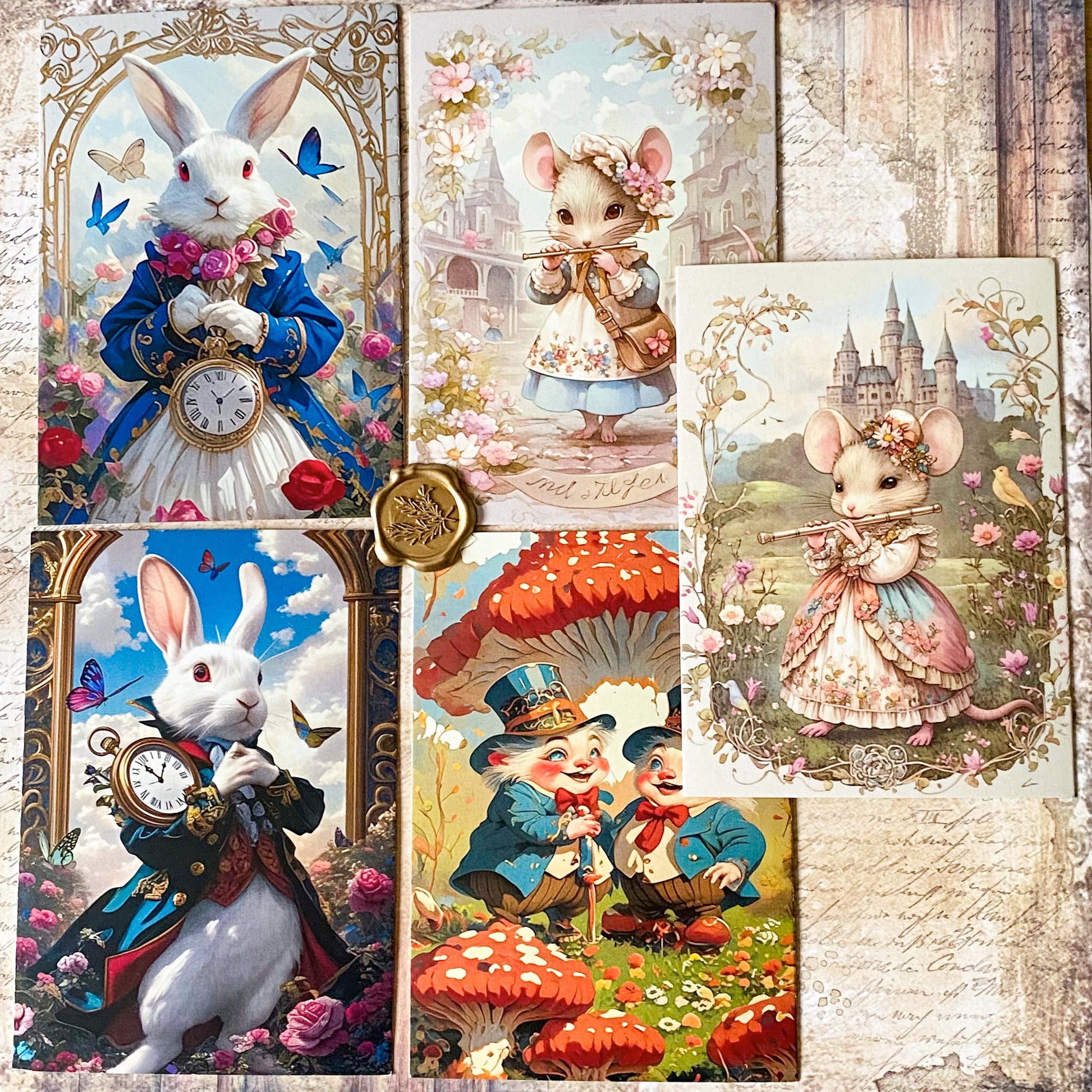 set of five alice in wonderland postcards featuring rabbit, floral mouse and storybook gnome characters under a mushroom