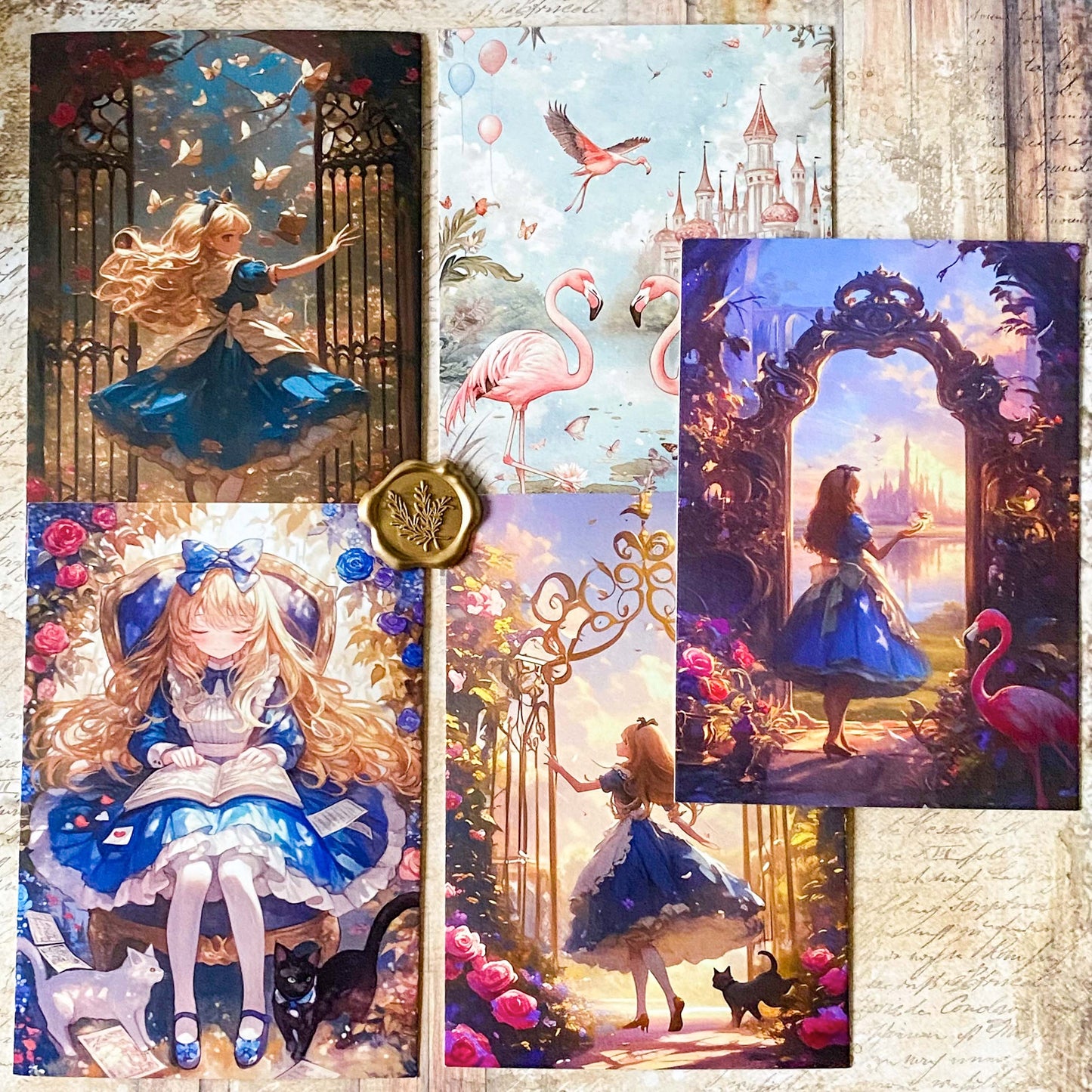 set of 5 alice in wonderland postcards featuring garden, flamingo and story book scenes