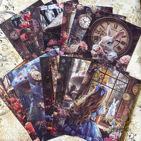 dark fairytale scrapbook paper set for junk journaling with an alice in wonderland theme