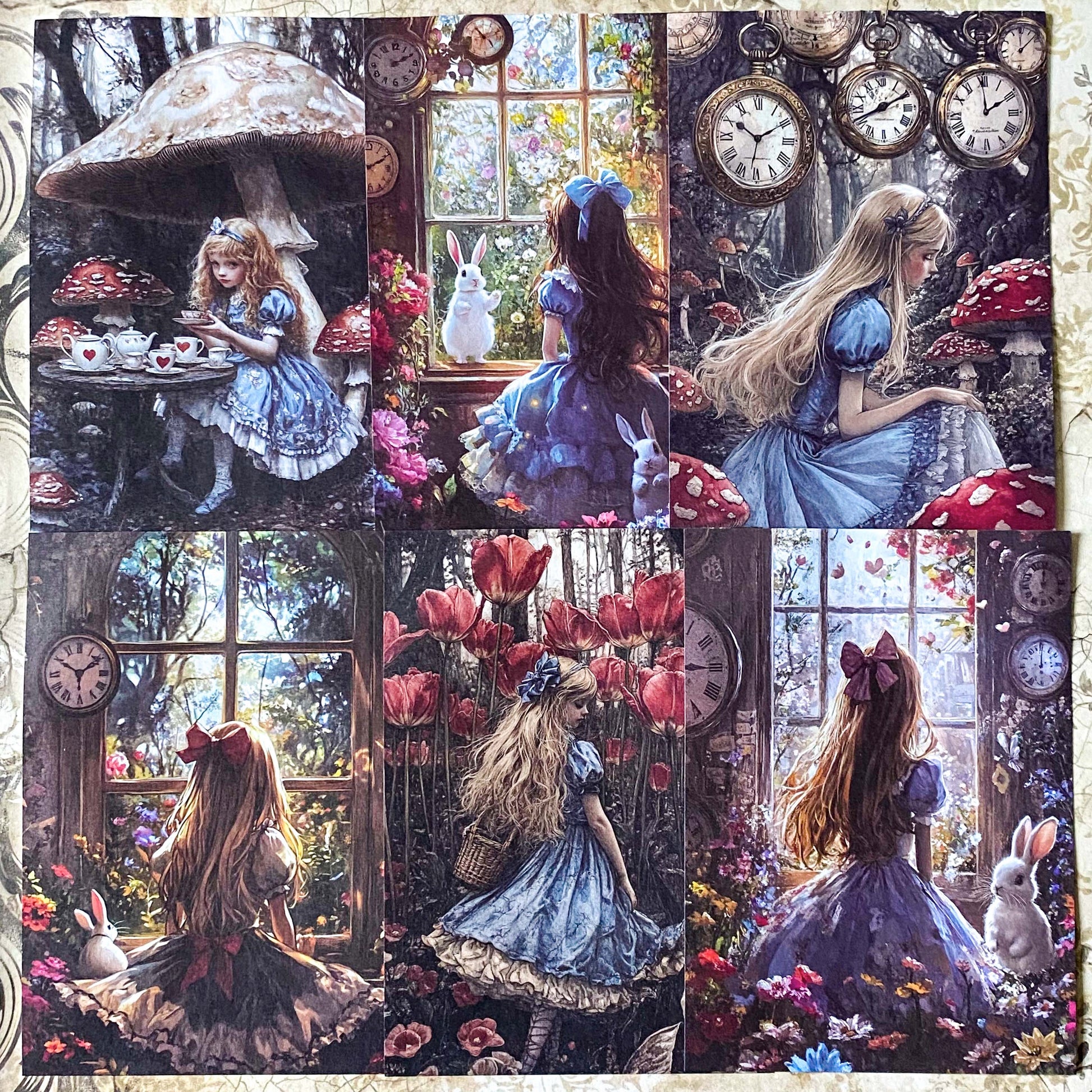 alice in wonderland gothic themed small scrapbook paper sheets for journaling and scrapbooking, featuring alice and the white rabbit