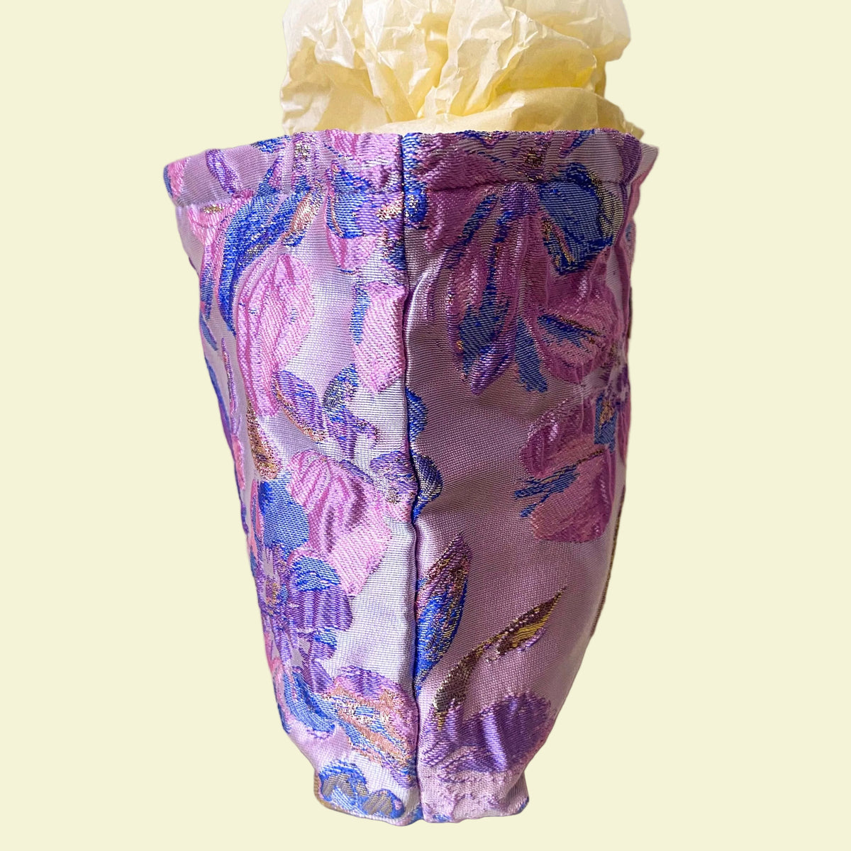 lavender, pink and gold satin tapestry pouch with woven floral design, cream lining, concealed zip and structured gusset base. Pastel large cosmetic bag or jewellery pouch. Journaling storage or travel essentials case. Uk gift shop for letterbox gifts.