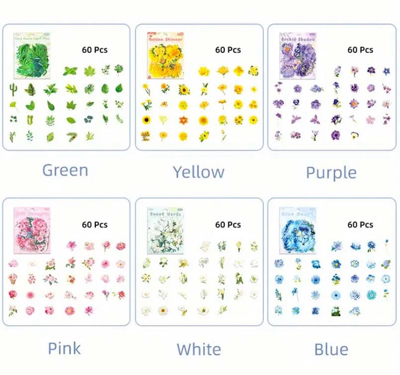 floral flower flowers sticker stickers flake flakes pack of 60 60pcs bargain white cream lilac purple pink yellow green leaf leaves uk cute kawaii stationery bargain planner addict shop store big set 