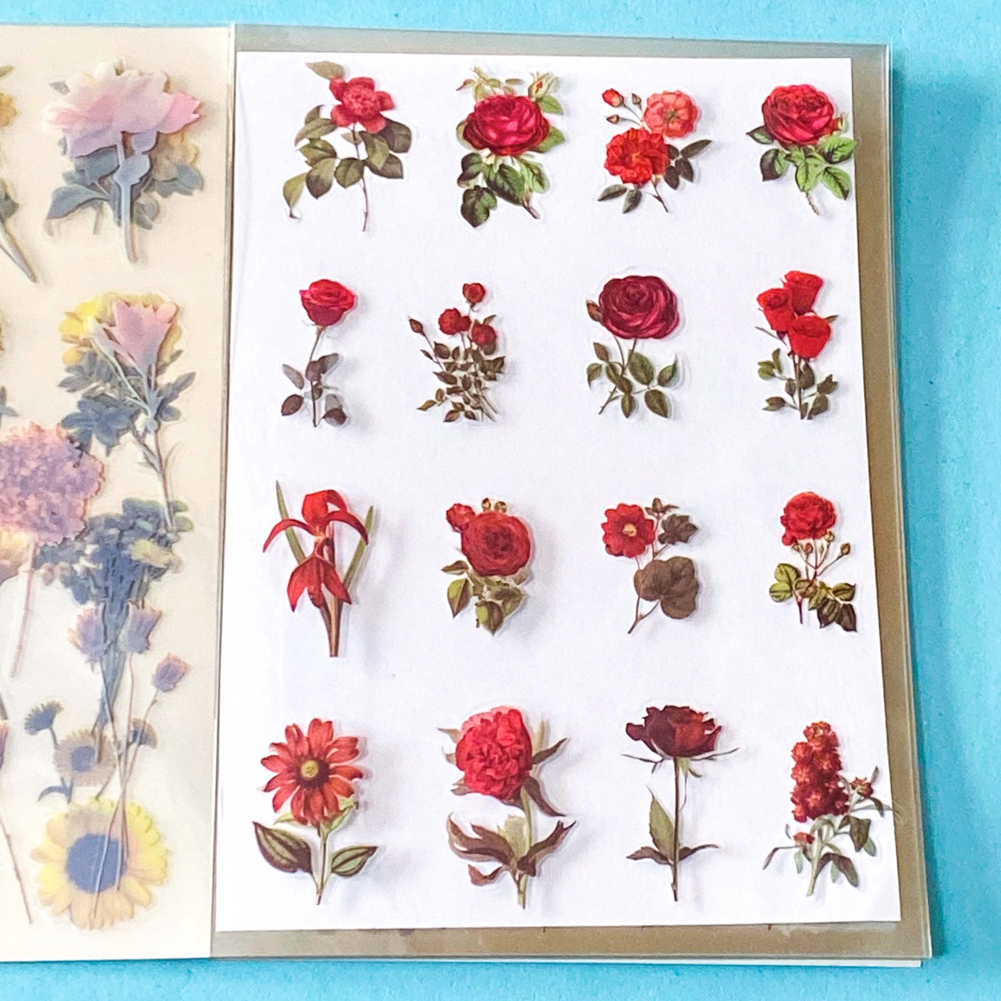 vintage floral clear sticker book with 20 pages of botanical flower stickers including rose, daisy, sunflowers and blossom.