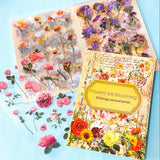 vintage floral clear sticker book with 20 pages of botanical flower stickers including rose, daisy, sunflowers and blossom.