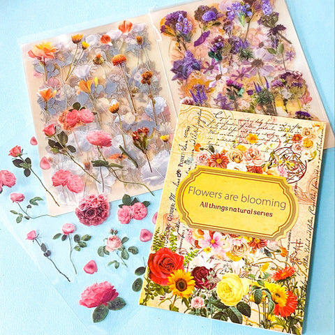 vintage floral clear sticker book with 20 pages of botanical flower stickers including rose, daisy, sunflowers and blossom.