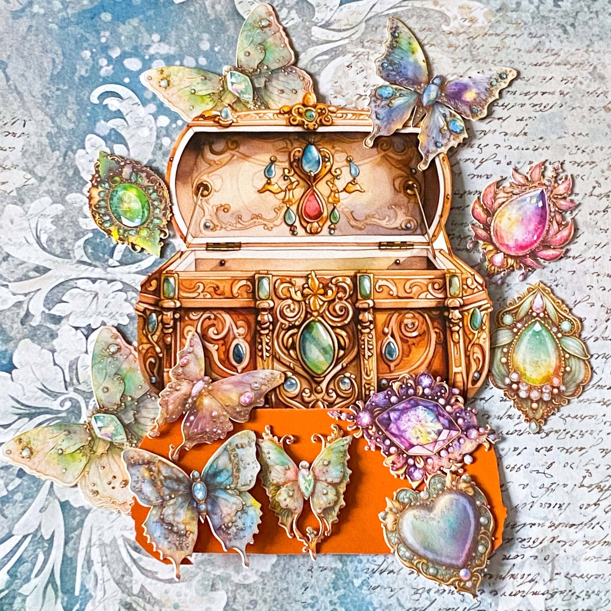 treasure chest sticker pack open showing jewel and butterfly stickers