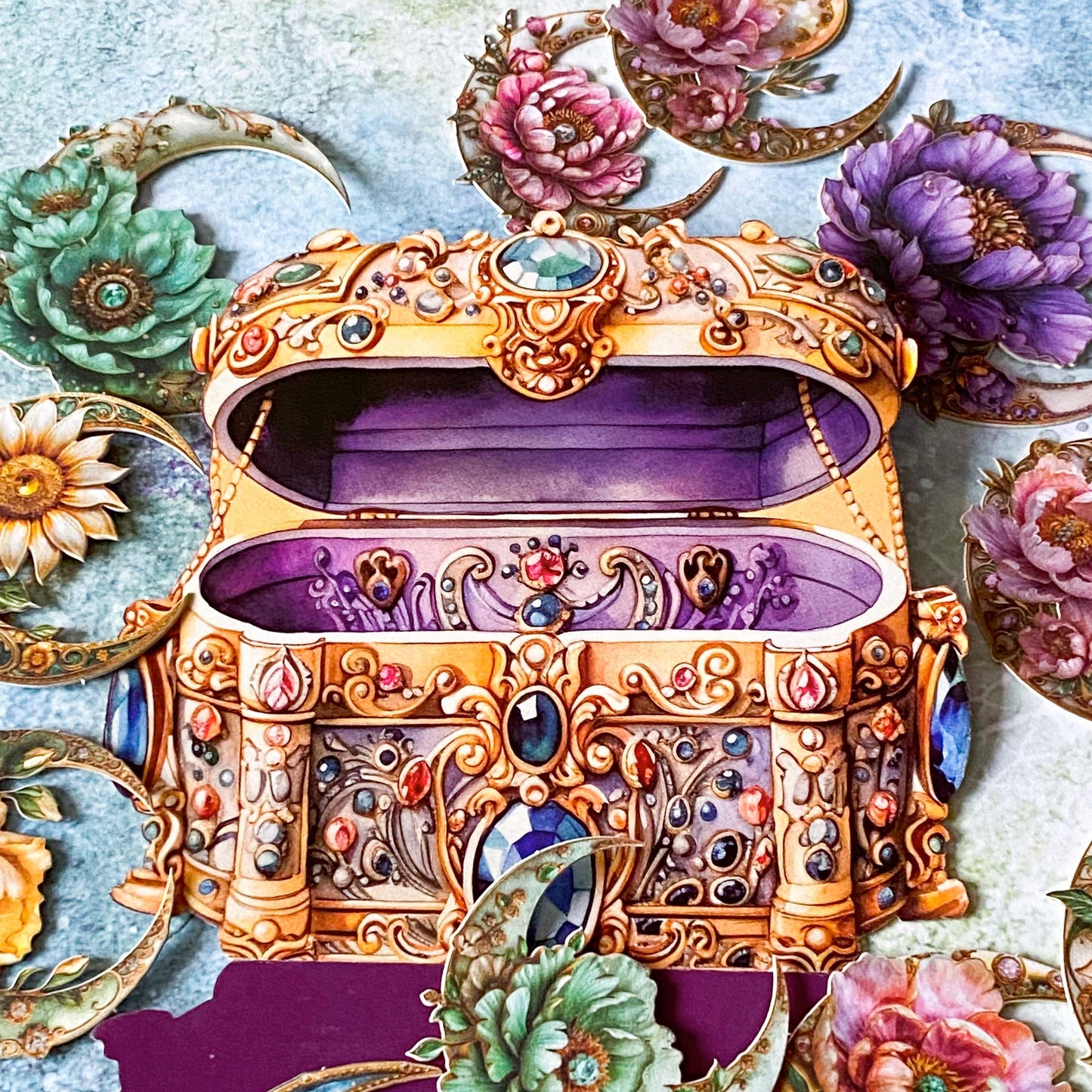 Decorative jewellery box pack of stickers with ornate floral moon decorations