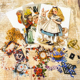 alice in wonderland mini paper bundle with vintage postcards, clear stickers and scrapbooking papers