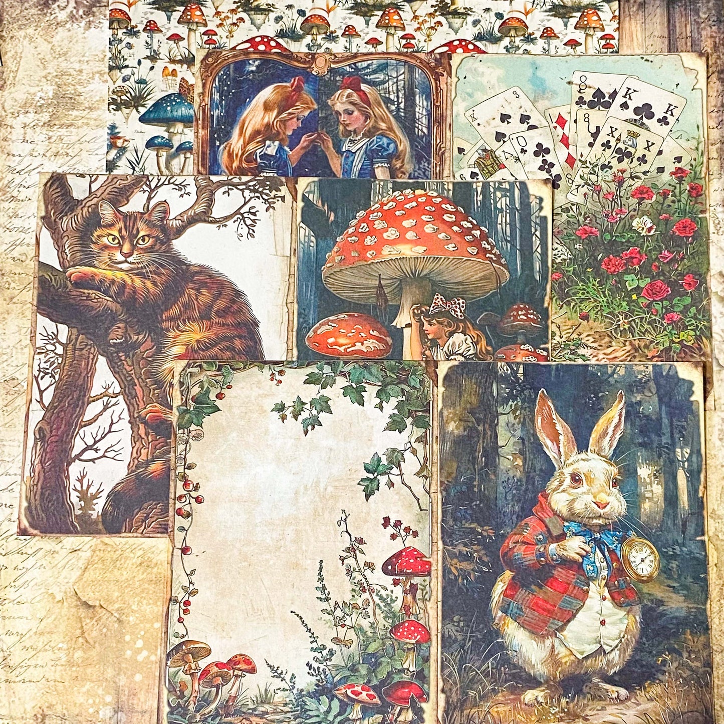 alice in wonderland paper bundle with sheets of wonderland scrapbooking paper, clear stickers and vintage postcards