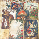 alice in wonderland paper bundle with sheets of wonderland scrapbooking paper, clear stickers and vintage postcards