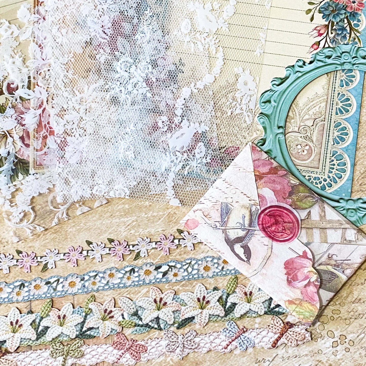 victorian lace paper bundle with floral postcards, lace stickers, paper frames envelopes and decorative journaling supplies uk