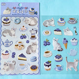 2 clear PET sticker sheets in a blueberry treats theme with grey tabby cats and decorative food and drink stickers with a blue theme. Uk cute stationery shop.