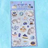 2 clear PET sticker sheets in a blueberry treats theme with grey tabby cats and decorative food and drink stickers with a blue theme. Uk cute stationery shop.