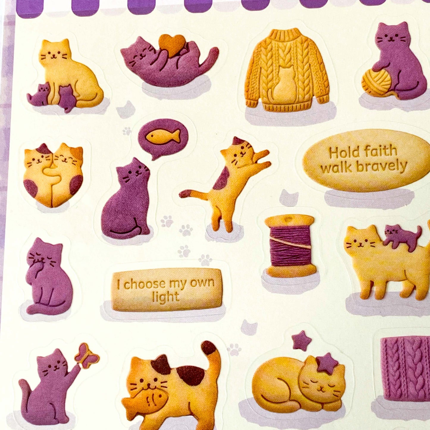 purple themed cats and cookies sticker pack of 2 clear PET sheets. featuring foods and animals with a textured biscuit design. Uk cute stationery.