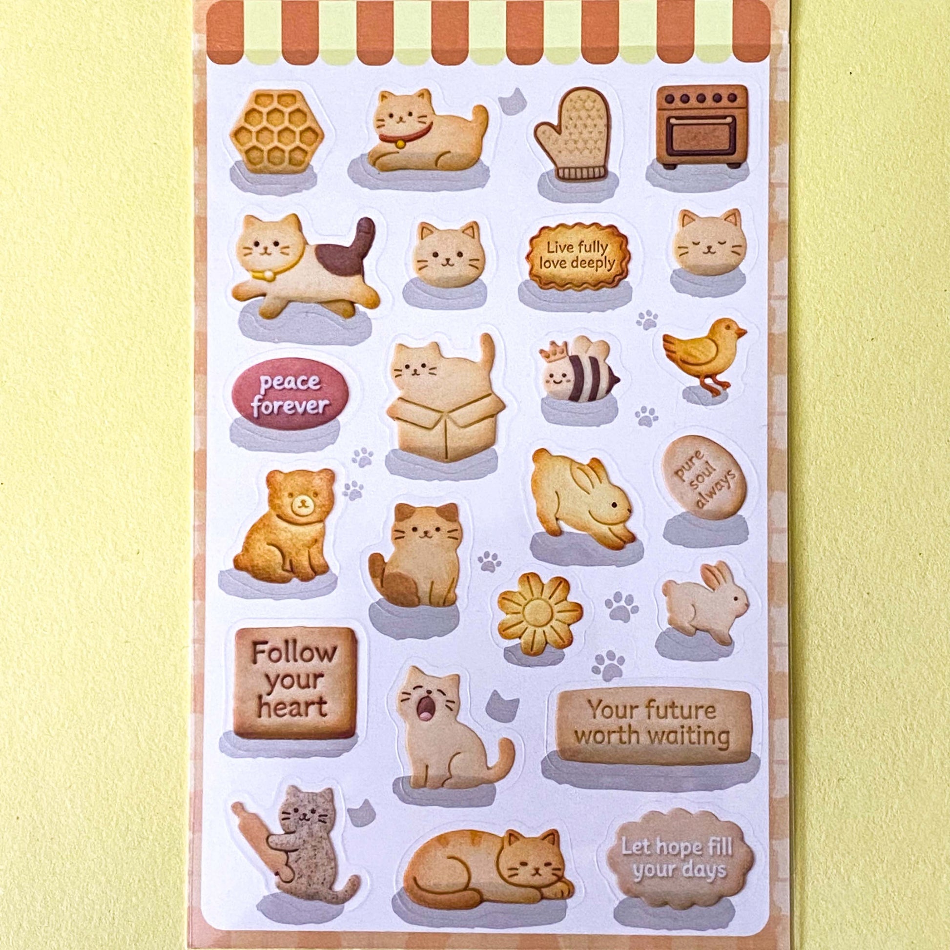 pack of 2 PET sticker sheets of caramel and marmalade ginger cats with cute cookies. Sayings and fun kawaii home designs. Uk stationery shop.