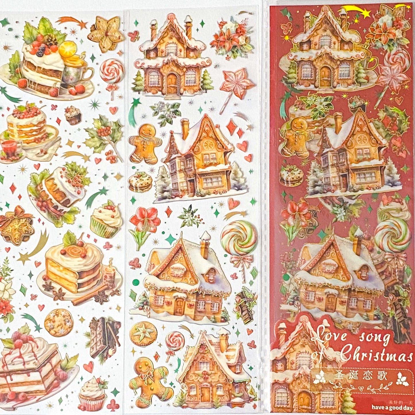 festive gingerbread ginger bread men man house houses cottage cute kawaii sticker stickers stationery sheet pack holo holographic foil foiled pretty uk planner addict supplies shop store brown green red colourful 
