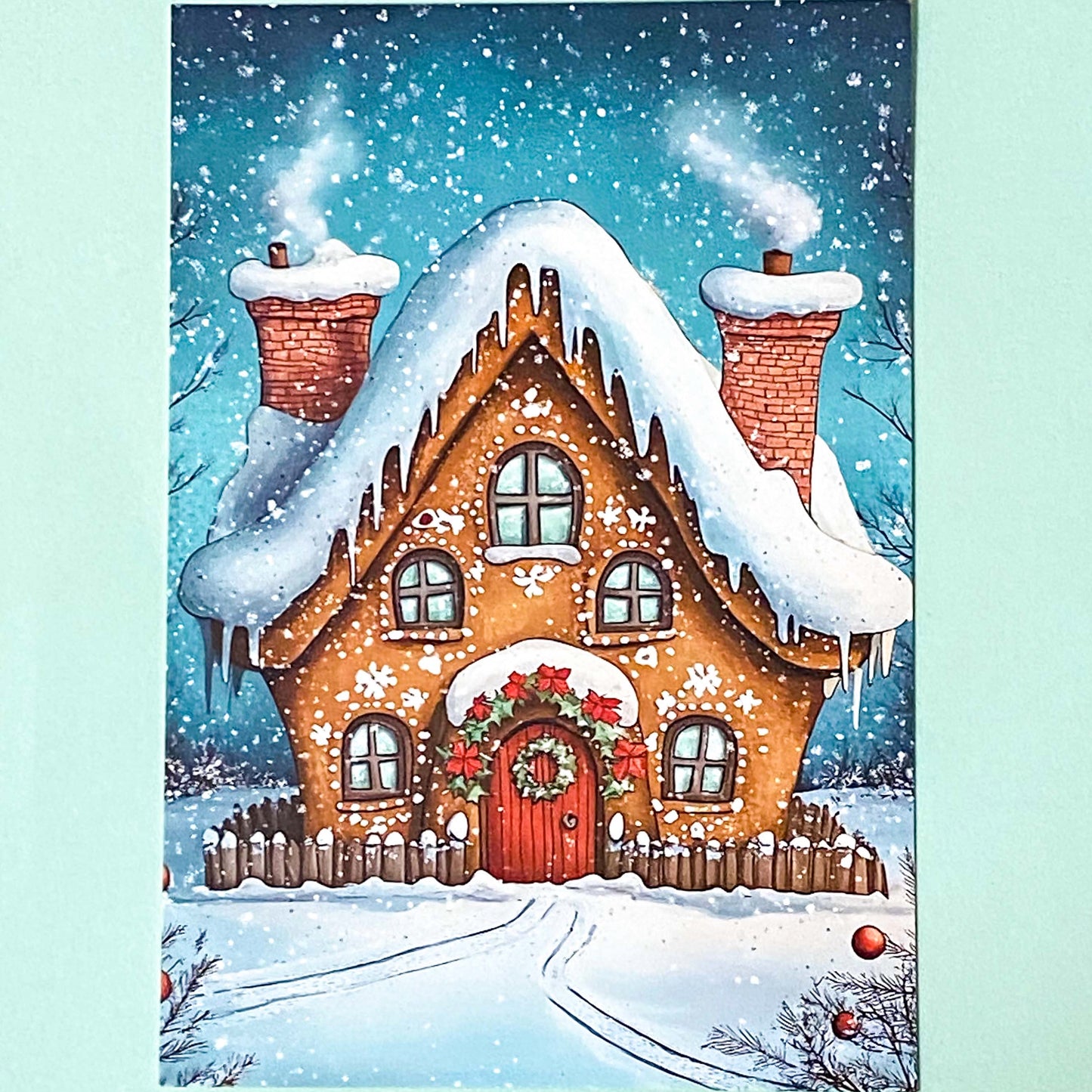 snow snowy winter festive christmas individual postcard postcards post card cards uk cute kawaii turquoise blue cat santa reindeer stocking tree nutcracker bear teddy elf gingerbread man men cottage house stationery shop pretty polar bears