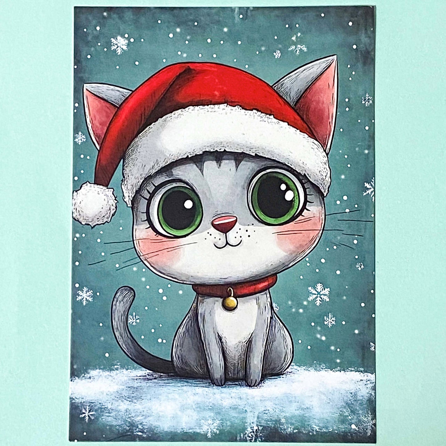 snow snowy winter festive christmas individual postcard postcards post card cards uk cute kawaii turquoise blue cat santa reindeer stocking tree nutcracker bear teddy elf gingerbread man men cottage house stationery shop pretty polar bears cat kitty