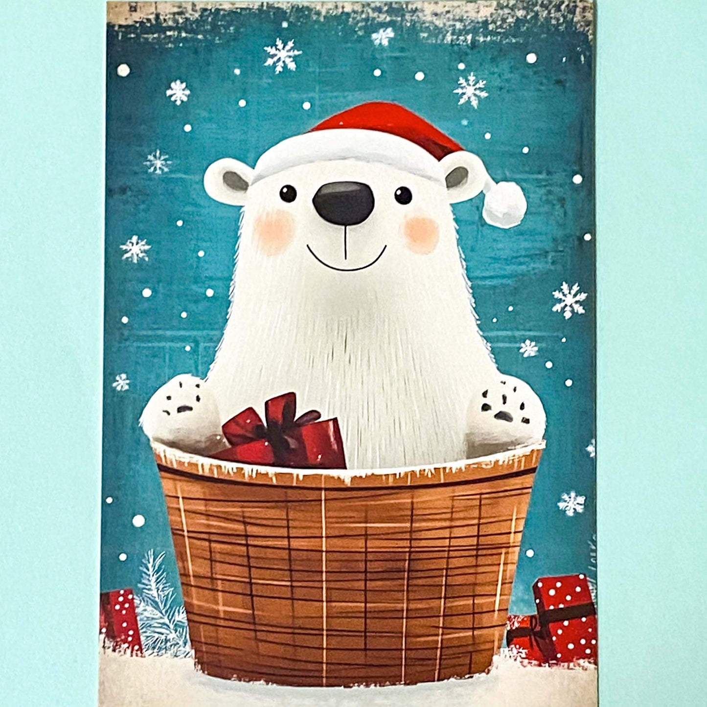 snow snowy winter festive christmas individual postcard postcards post card cards uk cute kawaii turquoise blue cat santa reindeer stocking tree nutcracker bear teddy elf gingerbread man men cottage house stationery shop pretty polar bears