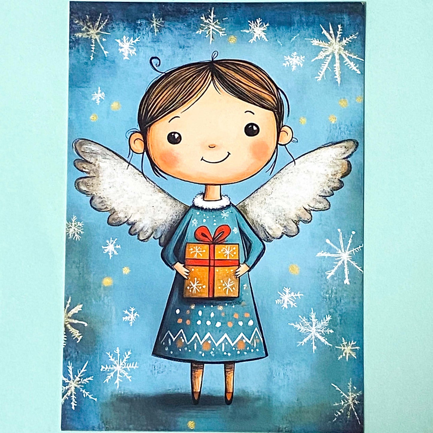 snow snowy winter festive christmas individual postcard postcards post card cards uk cute kawaii turquoise blue cat santa reindeer stocking tree nutcracker bear teddy elf gingerbread man men cottage house stationery shop pretty polar bears angel