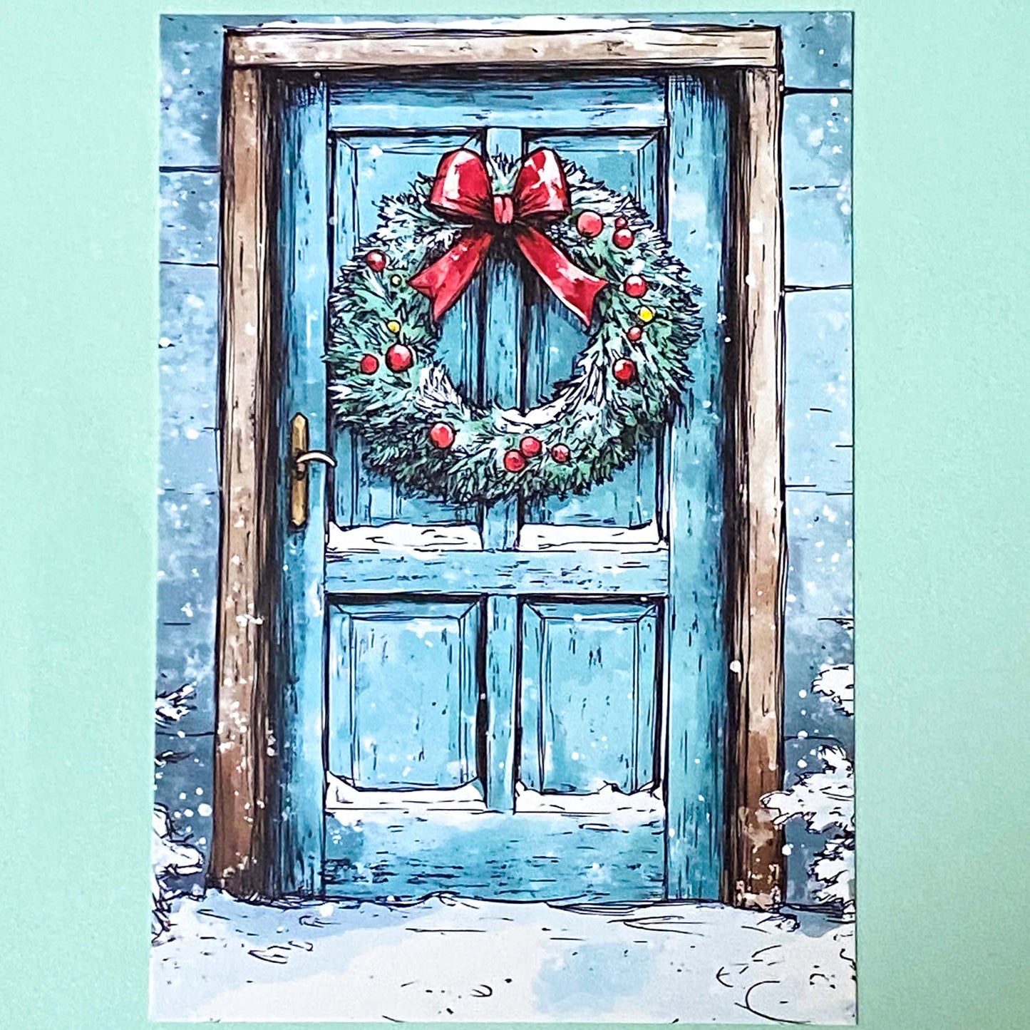 snow snowy winter festive christmas individual postcard postcards post card cards uk cute kawaii turquoise blue cat santa reindeer stocking tree nutcracker bear teddy elf gingerbread man men cottage house stationery shop pretty polar bears