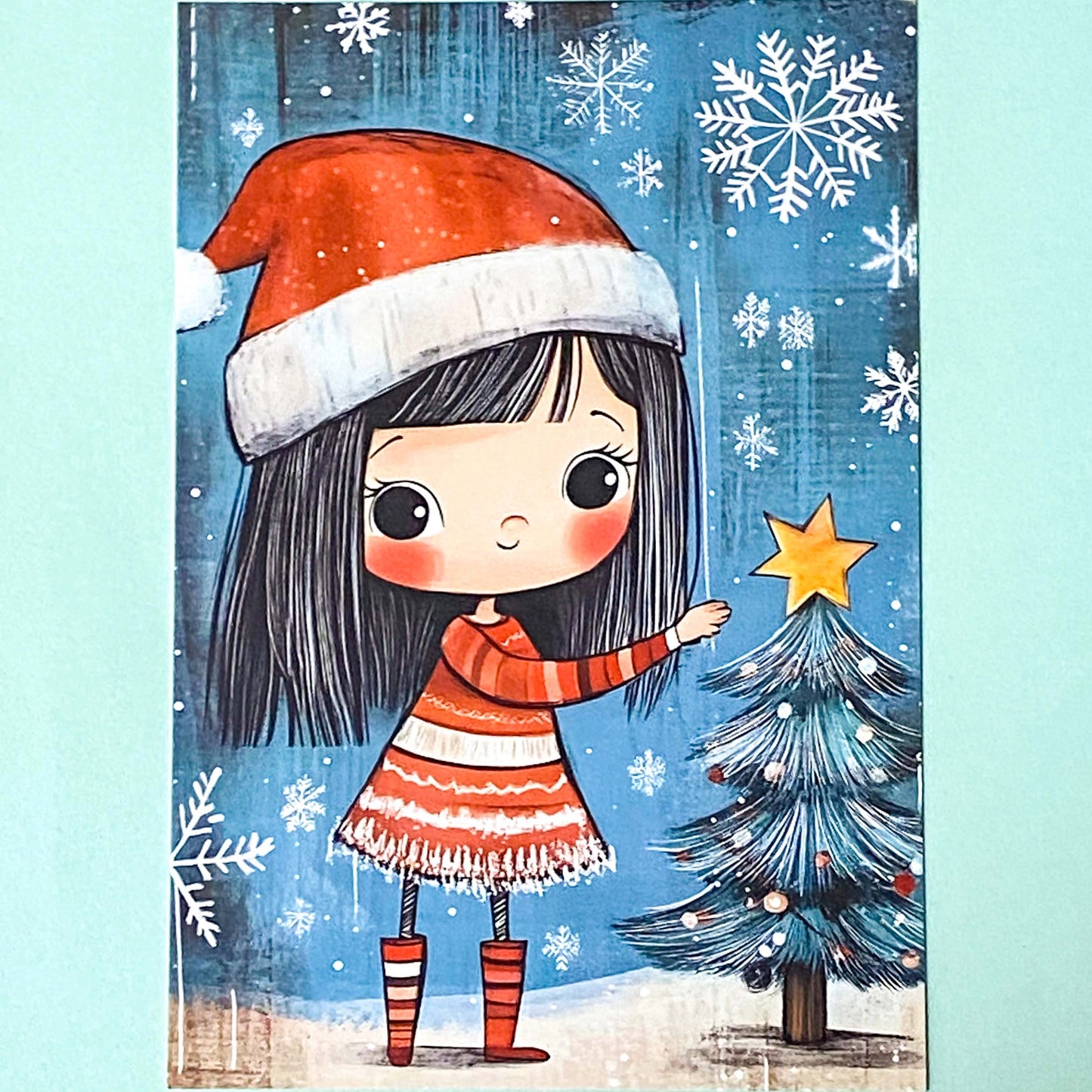 snow snowy winter festive christmas individual postcard postcards post card cards uk cute kawaii turquoise blue cat santa reindeer stocking tree nutcracker bear teddy elf gingerbread man men cottage house stationery shop pretty polar bears