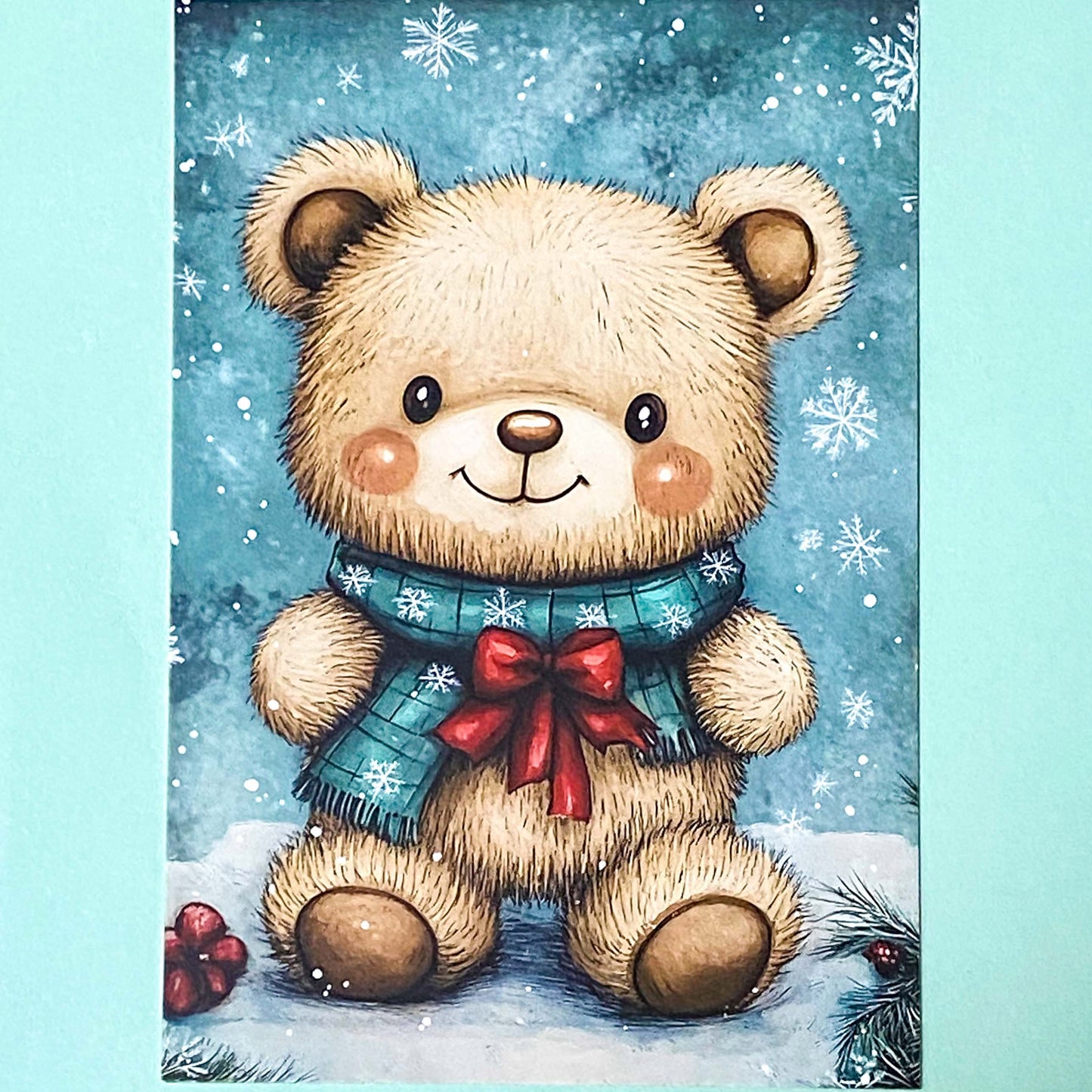 snow snowy winter festive christmas individual postcard postcards post card cards uk cute kawaii turquoise blue cat santa reindeer stocking tree nutcracker bear teddy elf gingerbread man men cottage house stationery shop pretty polar bears
