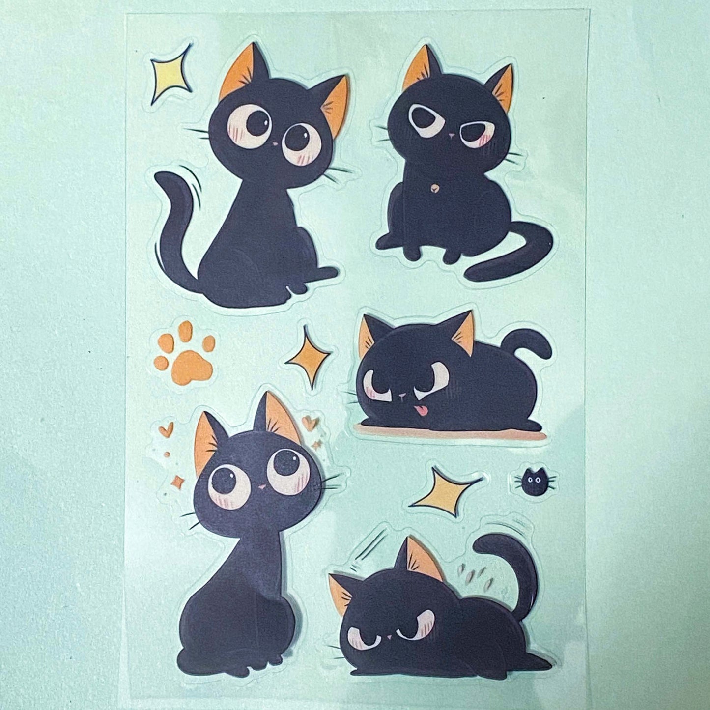 black cat with pink cream gold peach ear ears large glossy plastic clear pet sticker stickers sheet uk cute kawaii stationery shop store gift gifts cats kitten kittens