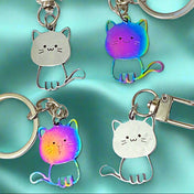 cat rainbow silver tone metal cute kawaii keyring key ring rings clip clips bag charm charms gift gifts uk presents colourful kitty