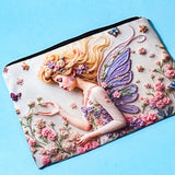 fairy garden canvas zip pouch with floral illustration and butterfly wings used as a pencil case on a blue background