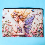 fairy garden canvas zip pouch with floral illustration and butterfly wings used as a pencil case on a blue background