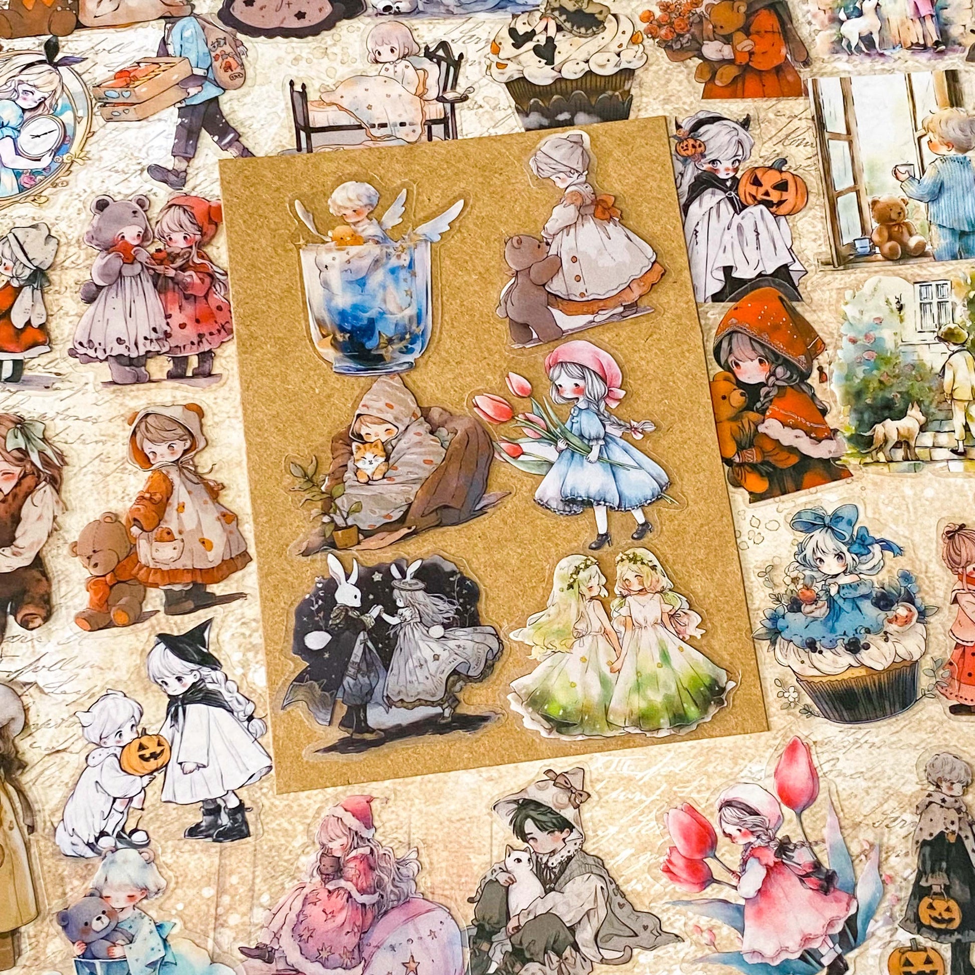 48 piece storybook daydreams PET sticker collection featuring vintage style children, teddy bears, flowers, woodland animals, cottagecore scenes and whimsical fairytale illustrations. Muted antique retro colours. UK cute stationery shop and letterbox gifts store.